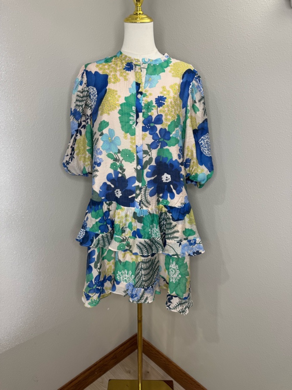 TCEC Floral Mini Dress Large Blue Green Puff Sleeve Tiered Lined Boutique